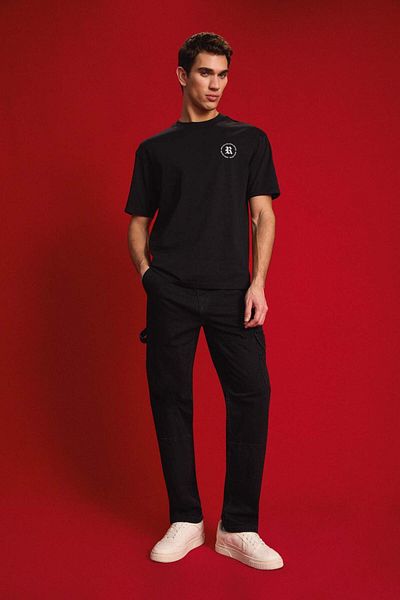 DeFacto 100% Cotton Relax Fit Comfortable Fit Regular Waist Wide Leg Cargo Pocket Black Jean Pants E3435Ax25Sp