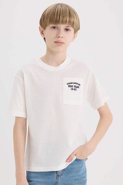 DeFacto Boy's Crew Neck Embroidered Pocket Printed Short Sleeve T-Shirt D9286A825Sm