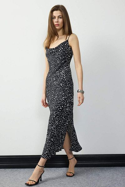 DeFacto Print Satin Strap Slit Midi Dress E7255Ax25Sp
