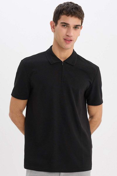DeFacto Tricou negru cu mânecă scurtă, cu jumătate de fermoar, cu gât polo, cu croiala normală E4233AX25SM