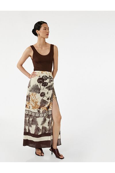 Koton Viscose Linen Blended Slit Detailed Patterned Long Skirt