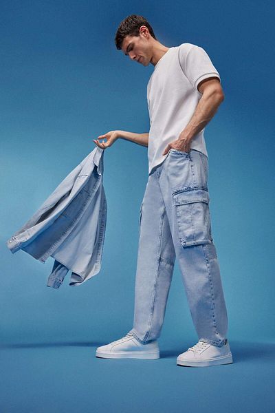 DeFacto 100% Cotton Relax Fit Relaxed Cut Wide Leg Cargo Pocket Jean Pants D7274Ax25Sp