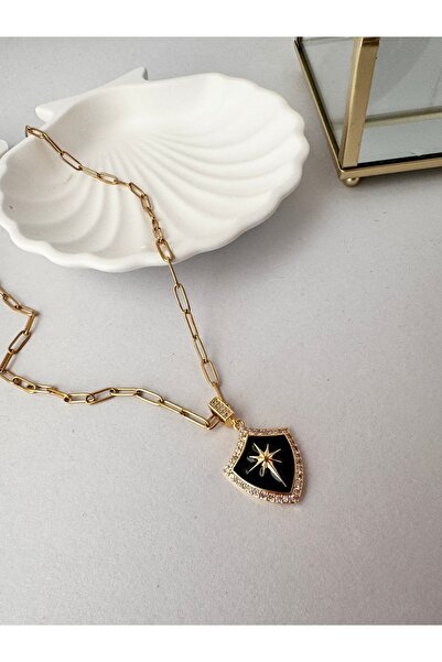 simy accessories Çelik Şovalye Kalkan Model Ataç Zincirli Kolye