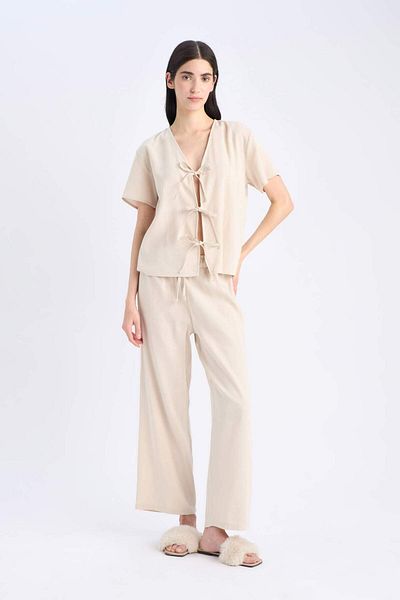 DeFacto Pajama Set Linen Short Sleeve Top Stretchy Waisted Bottom-Fall in Love E3571Ax25Sp