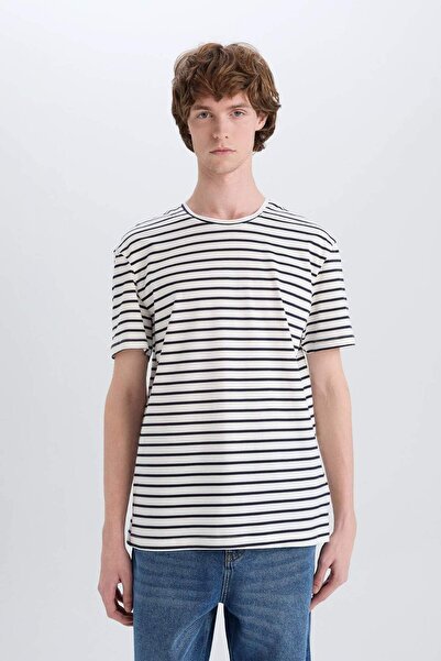 DeFacto 100% Cotton Regular Fit Crew Neck Striped Short Sleeve T-Shirt E5180Ax25Sm