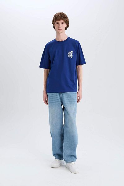 DeFacto 100% Cotton Boxy Fit Crew Neck Back Printed Short Sleeve T-Shirt D6156Ax25Sp