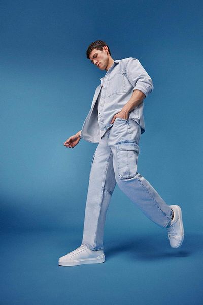 DeFacto 100% Cotton Relax Fit Relaxed Cut Wide Leg Cargo Pocket Jean Pants D7274Ax25Sp