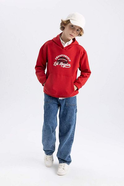 DeFacto Boy's Printed Kangaroo Pocket Hooded Sweatshirt B7821A8Ns