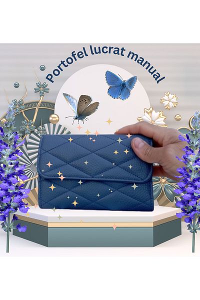 OEM Portofel de damă, mic, din piele, accesoriu elegant, lucrat manual, albastru-gri