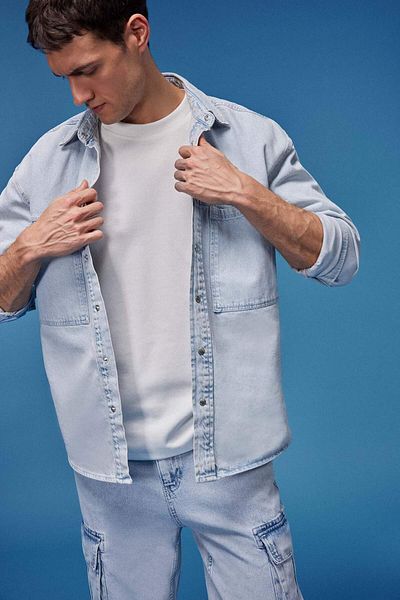 DeFacto 100% Cotton Oversize Wide Fit Long Sleeve Jean Shirt D8333Ax25Sp