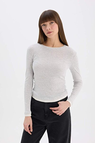 DeFacto Slim Fit Slim Fit Rundhalsausschnitt Basic Solid Rib Langarm-T-Shirt E6548AX25SP