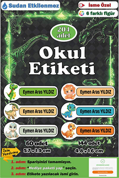 GSticker İsme Özel Okul Etiketi Kalem Defter Etiketi Sticker Kız Çocuk Dinozo...