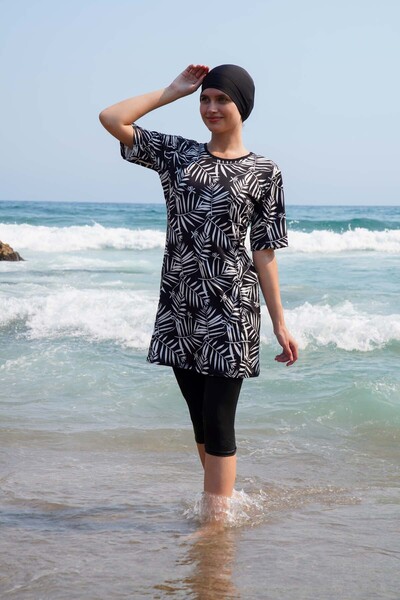 vawensea Women's Half Sleeve Patterned Hijab Swimsuit Black (WIDE SIZE RANGE)