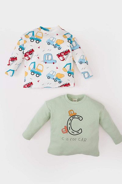 DeFacto Baby Boy Neugeborenes Rundhalsausschnitt Fahrzeug bedrucktes Waffel 2-teiliges Langarm-T-Shirt E2393A525SP