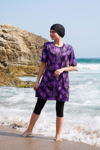 vawensea ملابس سباحة نسائية منقوشة بنصف كم باللون الأرجواني (نطاق كبير الحجم)