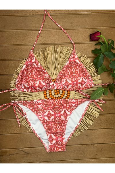 XORVİO Women's Red Ancient Star Pattern Bikini Set Stylish Flexible Cotton New Season Young Bikini Set