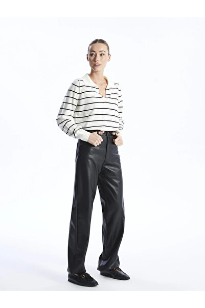 LC Waikiki LCWAIKIKI Basic Polo Yaka Çizgili Uzun Kollu Kadın Triko Kazak