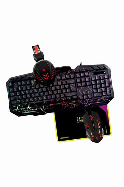 Microdigit Raider Gaming Kit 4 in 1 Illuminated Gaming Keyboard, Mouse, Wired Headset, Clear Microphone and Mouse Pad