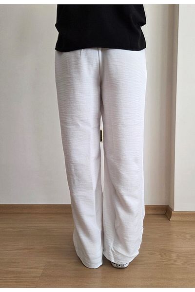 EKAY Sofia Linen Loose Cut Trousers with Elastic Waist and Lace Detail