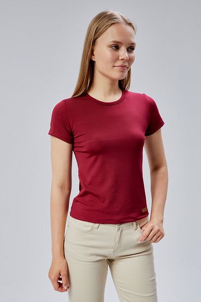 FHELIA Women's Burgundy Short Sleeve Crew Neck Basic Flexible Lycra Perfect Slim Fit Body