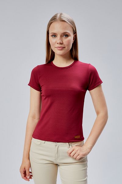 FHELIA Women's Burgundy Short Sleeve Crew Neck Basic Flexible Lycra Perfect Slim Fit Body