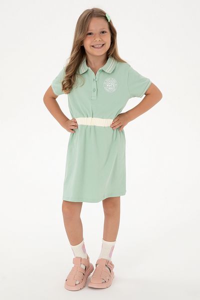 U.S. Polo Assn. Girls Aqua Green Polo Neck Short Sleeve A-Form Knitted Dress 50306260-Vr048