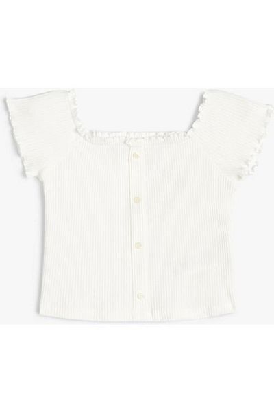 Koton T-Shirt Ribbed Square Neck Button Detailed Cotton