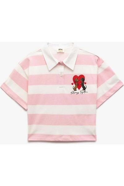 Koton Cotton Striped Short Sleeve Shirt Collar Buttoned Dog Embroidered Crop T-Shirt