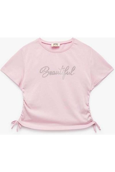 Koton Cotton Stone Printed Short Sleeve Crop T-Shirt with Drawstring Detail