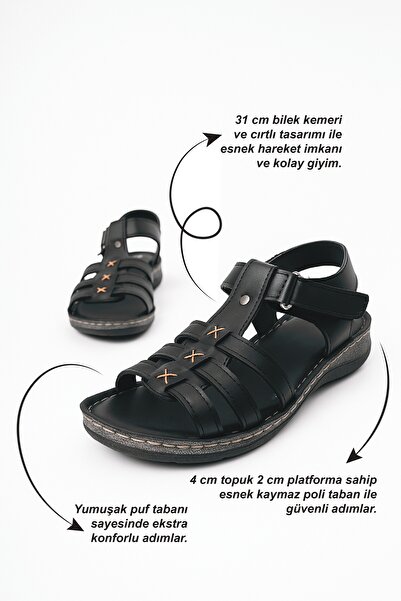 Nstil Daily Women's Black Sandals Orthopedic Comfortable Stitched Sole Ankle Velcro Lightweight Shoes 15211