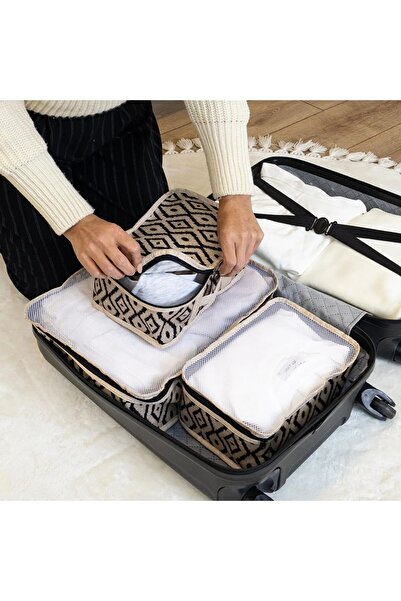Helen's Home 4'lü Seyahat Organizer Set - Ayakkabı Hurcu Bavul Valiz İçi Düzenleyici Seyahat Hurcu Bej