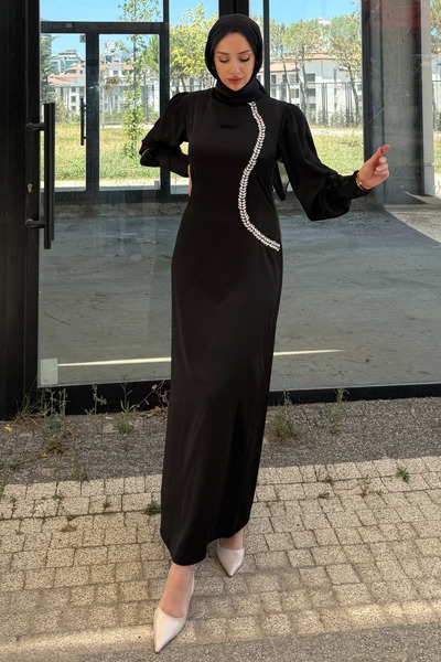 Tesettür Diyarı Kadın Saten Yandan Taşlı Kalem Abiye