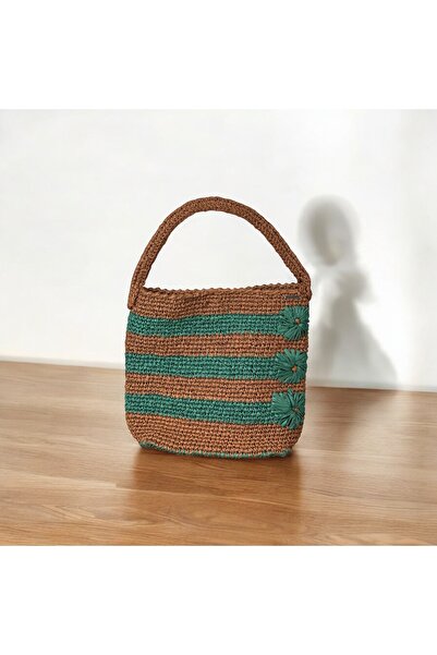 RELYA حقيبة كتف نسائية ذات حزام كتف منسوج من الرافية باللون الأخضر والبني بعر...