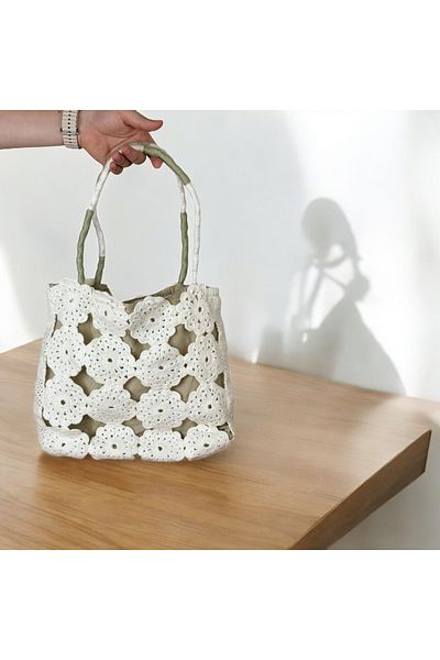 RELYA Geantă de umăr căptușită tricotată din lână albă pentru femei Lățime 31 CM Lungime 30 CM Adâncime 6 CM