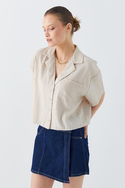 Mixray 4556 Μοντέλο Γυναικείο - Basic Crop πουκάμισο με τσέπες - Πέτρινο Χρώμα