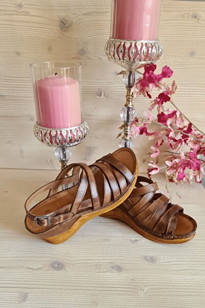 İNZE AYAKKABI Tan Multi-Strapped Genuine Leather Sandals Model Carnation