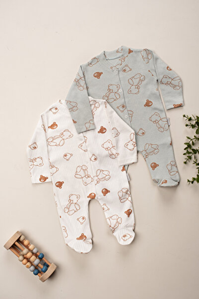 ENİA BABY 2'li %100 Pamuklu Patikli Ayıcık Desenli Yenidoğan Tulum Seti | Çıtçıtlı | 0-3-6 Ay | Unisex