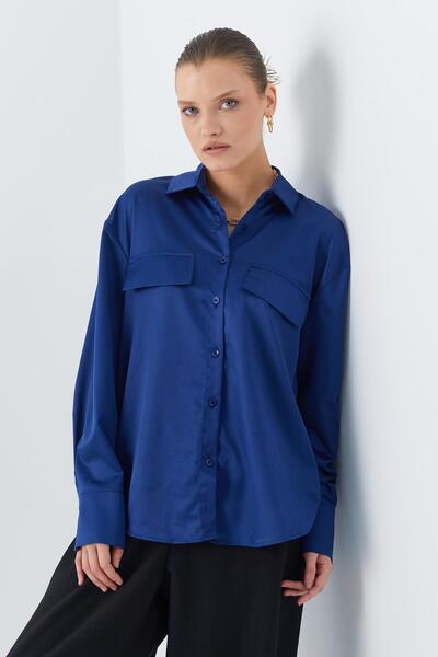 Mixray Жіноча сорочка з синьою атласною кришкою - з кишенями, модель 4635