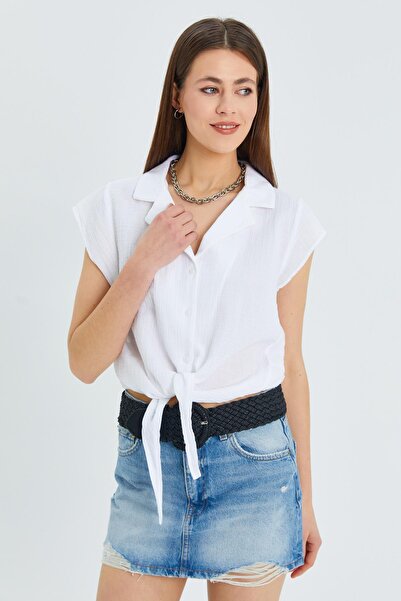 Mixray 4555 Model White Muslin Crop Shirt - Women'S, Front Tie