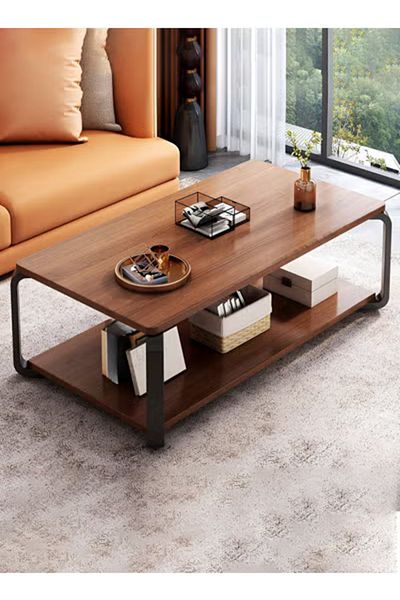 Taimi Wooden Coffee Table Modern Design with Double Layer Storage Space and Metal Legs,120x60x43cm