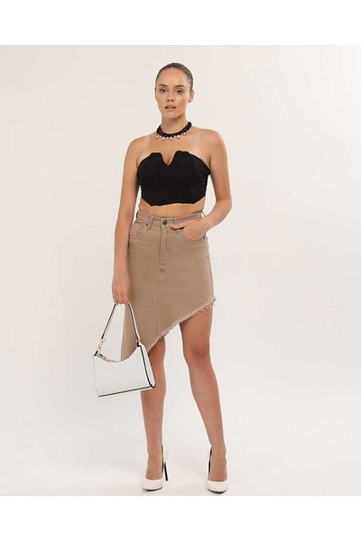 SHEVEGA Women Cream Skirt Tassel Asymmetric Cut Linen Skirt