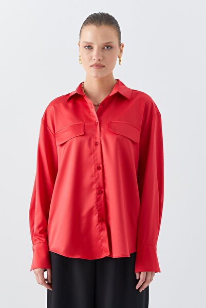 Mixray 4635 Kadın Kapak Cepli Saten Gömlek Kırmızı