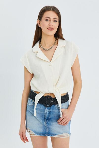 Mixray 4555 Model Natural Color Women's Front Tie Muslin Crop Shirt