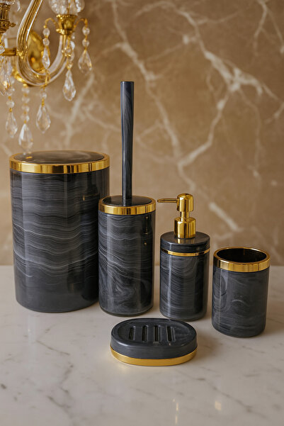 MAKRİ HOME طقم حمام مكون من 5 قطع - سلة المهملات، حامل فرشاة المرحاض، موزع ال...