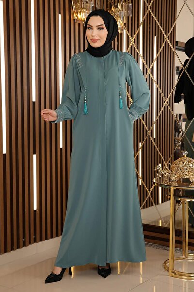 Modamihram Hidden Button Tasseled Abaya Mint 12254