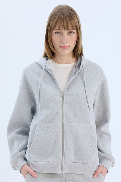 DeFacto Φούτερ Back To School Grey Relax Fit Hooded - Φερμουάρ, ίσια τσέπη D8717ax24wn
