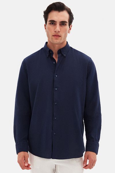 D'S Damat Cămașă Ds Damat Comfort, albastru bleumarin, cu guler cu nasturi, cu aspect de in, 100% bumbac