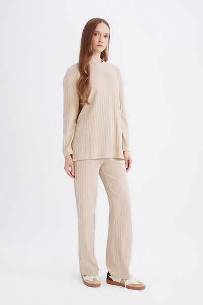 DeFacto Regular Elastic Waist Basic Straight Fit Ribbed Camisole Wide Leg Pants D7437Ax24Wn