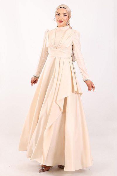Olcay Ärmel Mund Stein bestickt Falten und Schwungrad detaillierte Taft Satin Hijab Abendkleid CREAM 1215
