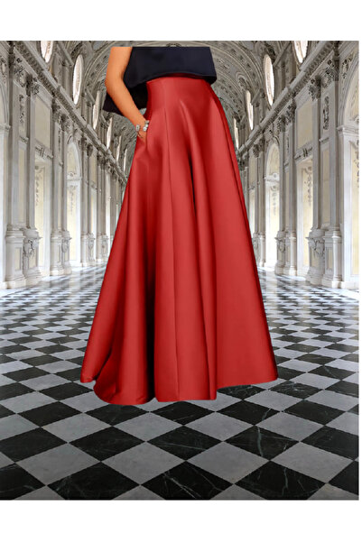 MadyaButik Kırmızı Cepli Saten Etek